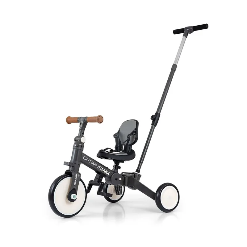 Detská trojkolka 5v1 Milly Mally Optimus Max s vodiacou tyčou dark grey