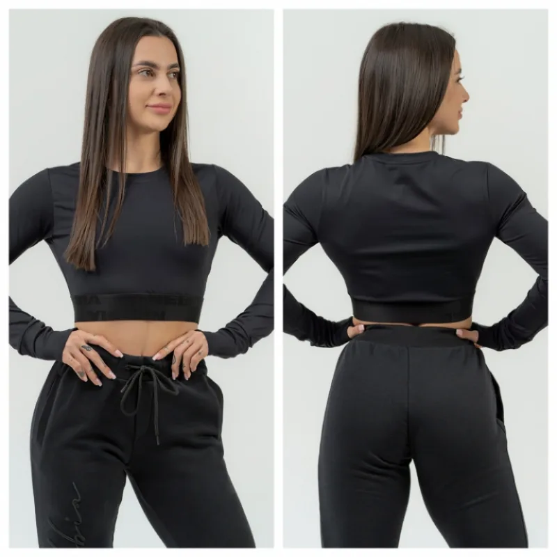 Crop top s dlhým rukávom na cvičenie 839 Black - NEBBIA Veľkosť: M