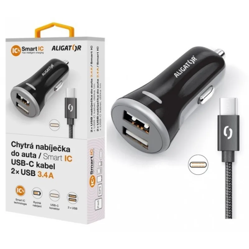ALIGATOR Chytrá nabíjačka do auta 3.4A, 2xUSB, smart IC, čierna, USB-C…