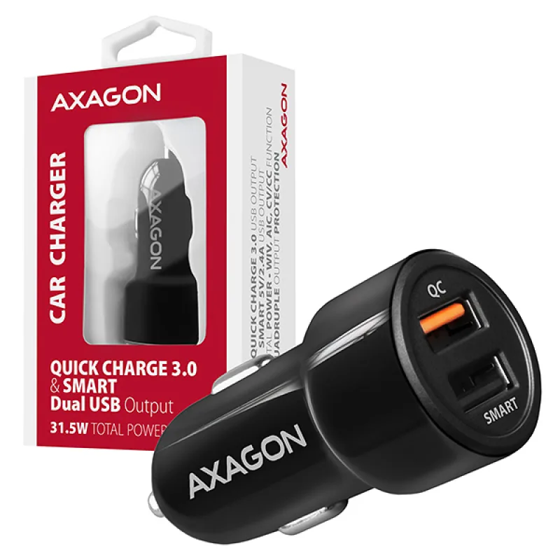 AXAGON PWC-QC5, QUICK a SMART nabíjačka do auta, 2x port QC3.0/ AFC/ FCP …
