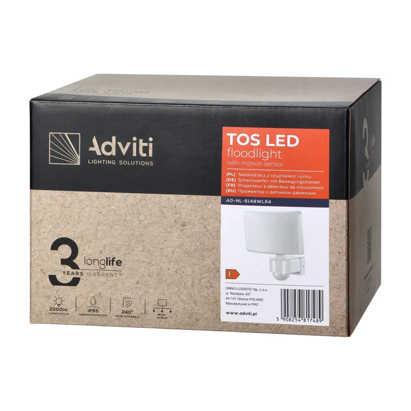 ADVITI TOS LED 30W reflektor s PIR senzorom, 2200lm, IP65, 4000K, PC, biely