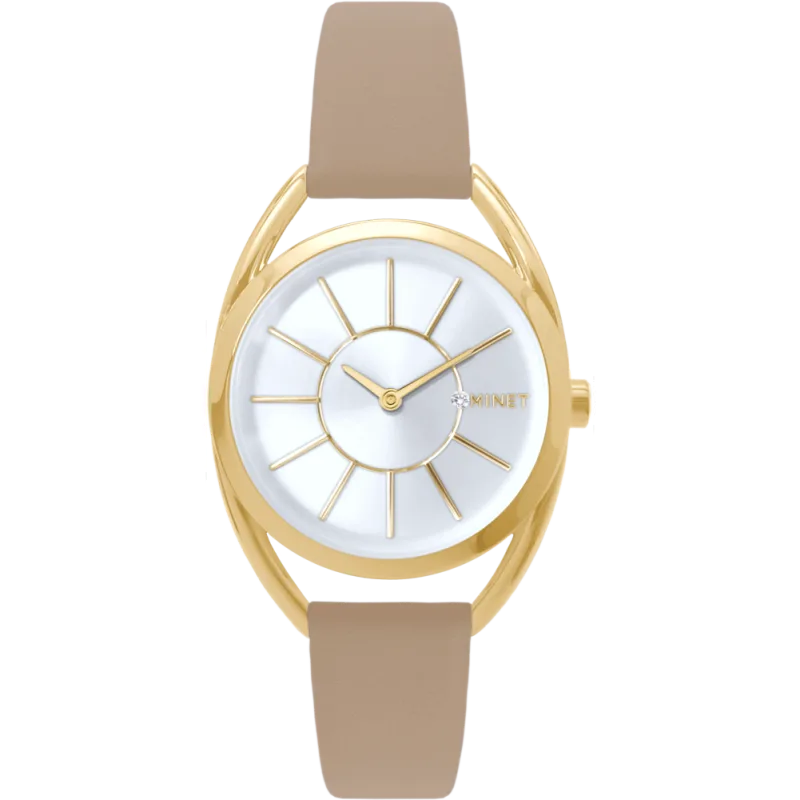 MINET Stříbrno-zlaté dámské hodinky ICON GOLD s béžovým koženým řemínkem MWL5238