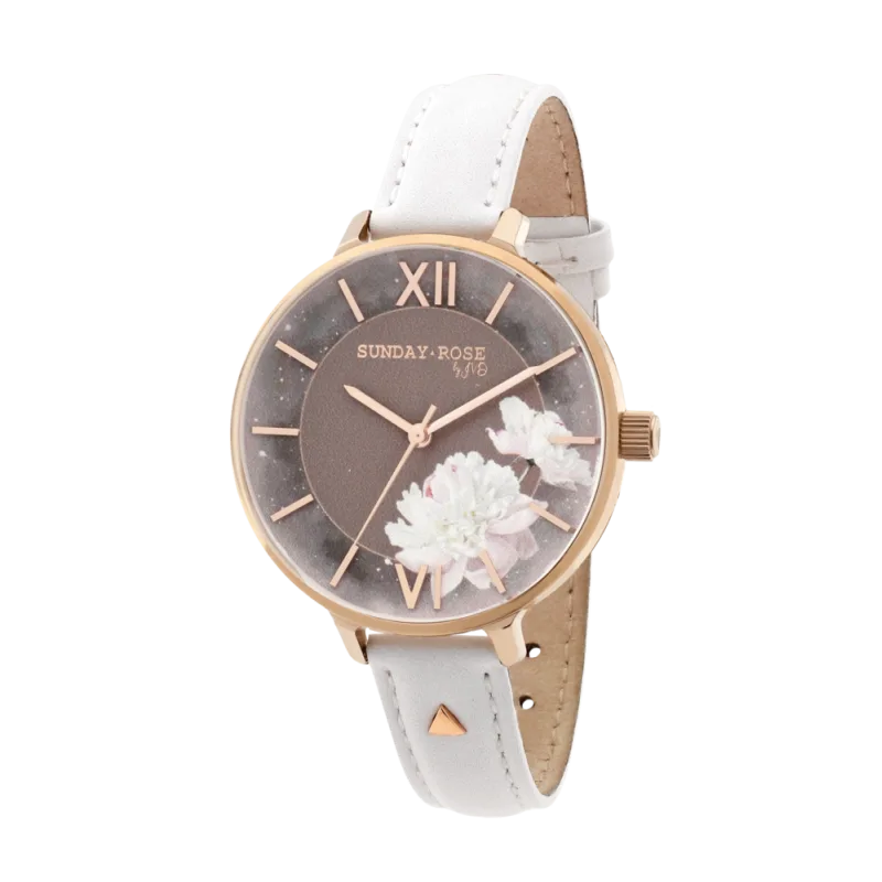 SUNDAY ROSE Dámské luxusní designové hodinky SUNDAY ROSE Enchanted Rosy Sunset Leather SUN-E04