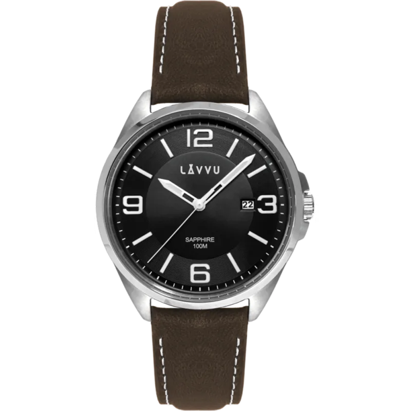 LAVVU Pánské hodinky se safírovým sklem HERNING Black/Top Grain Leather LWM0095