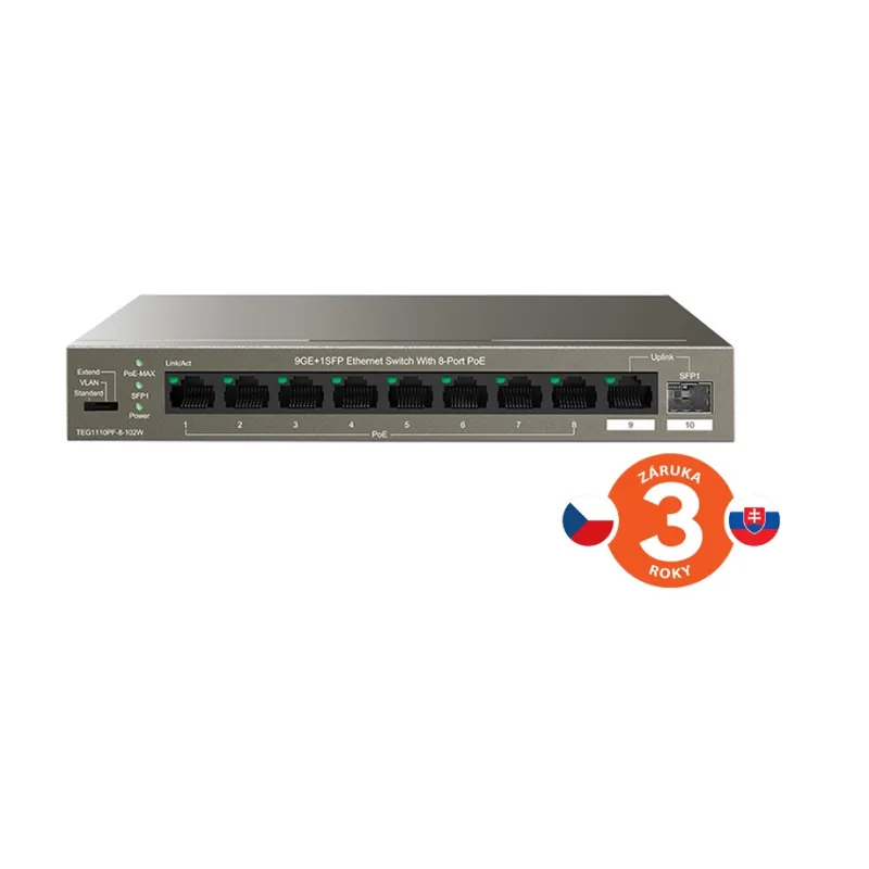 Tenda TEG1110PF-8-102W PoE+ AT switch 8xPoE 802.3af/ at + Uplink RJ45 +…