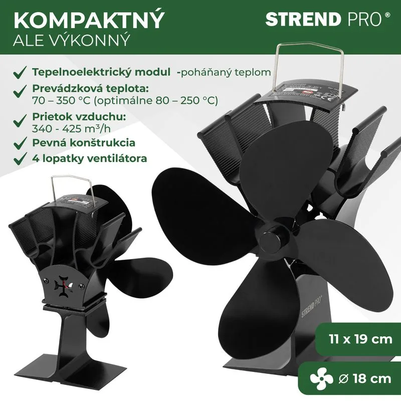 Ventilátor Strend Pro, krbový, stojanový, poháňaný teplom, 4-lopatkový, čierny