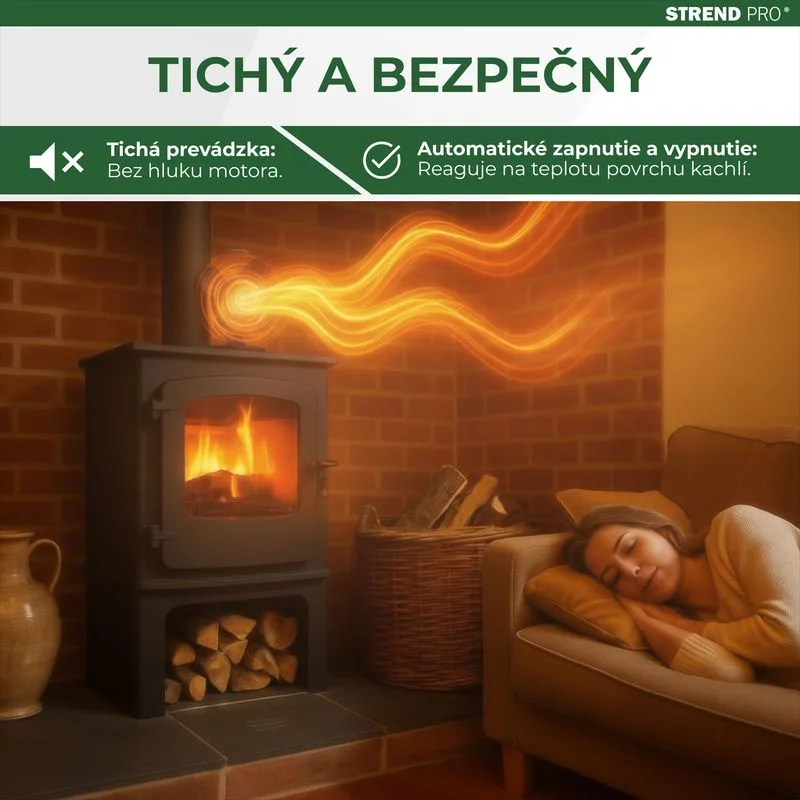 Ventilátor Strend Pro, krbový, stojanový, poháňaný teplom, 4-lopatkový, čierny