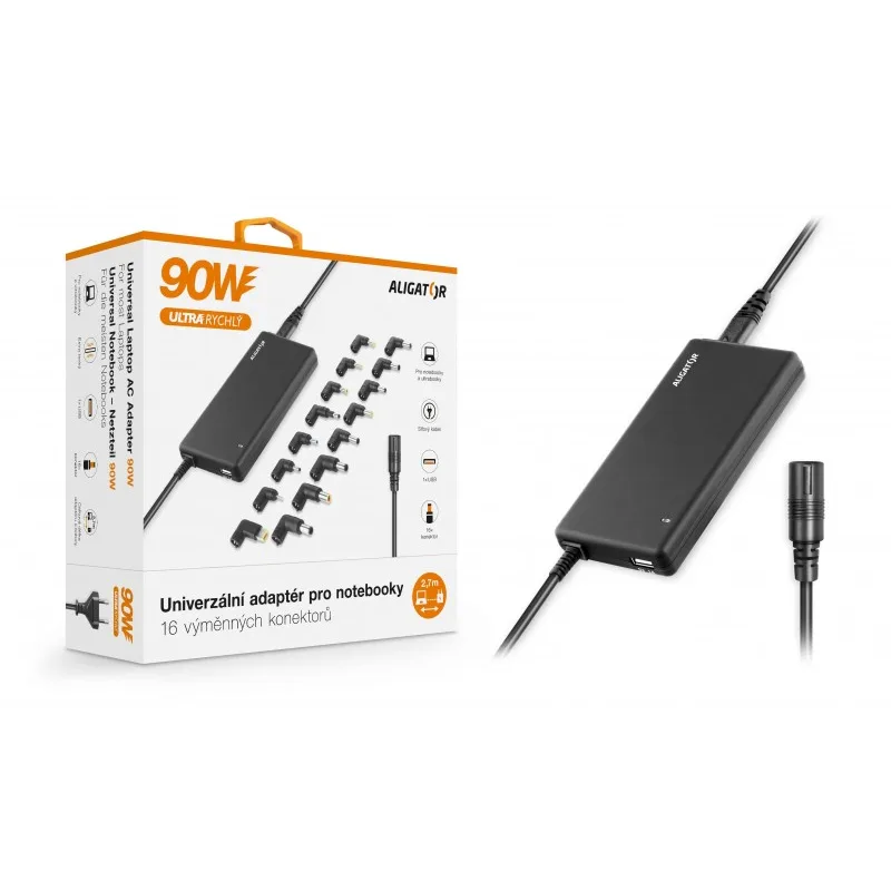 Univerzálny adaptér pre notebooky so 16 výmennými konektormi a USB, 90W…