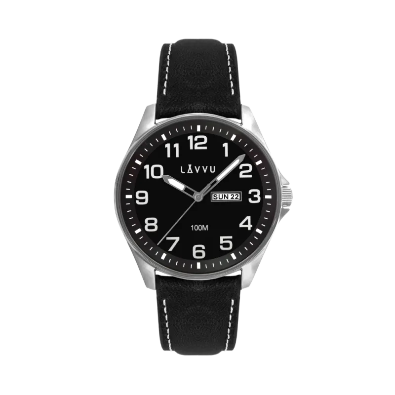 Ocelové pánské hodinky LAVVU BERGEN Black / Top Grain Leather se svítícími čísly LWM0145
