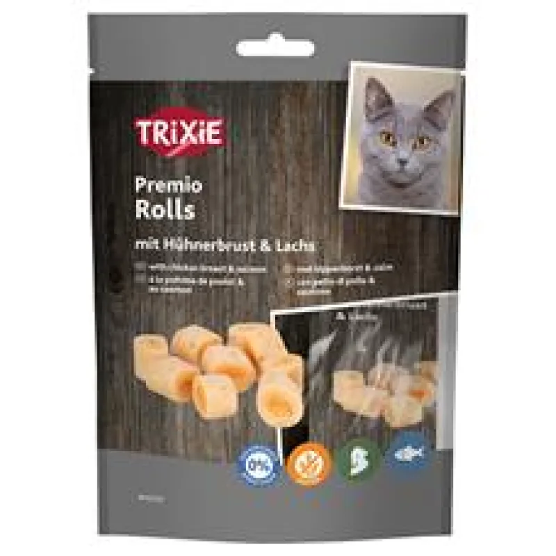 PREMIO Rolls, válečky s kuřecím a lososem, obsah masa 72 %, 50g
