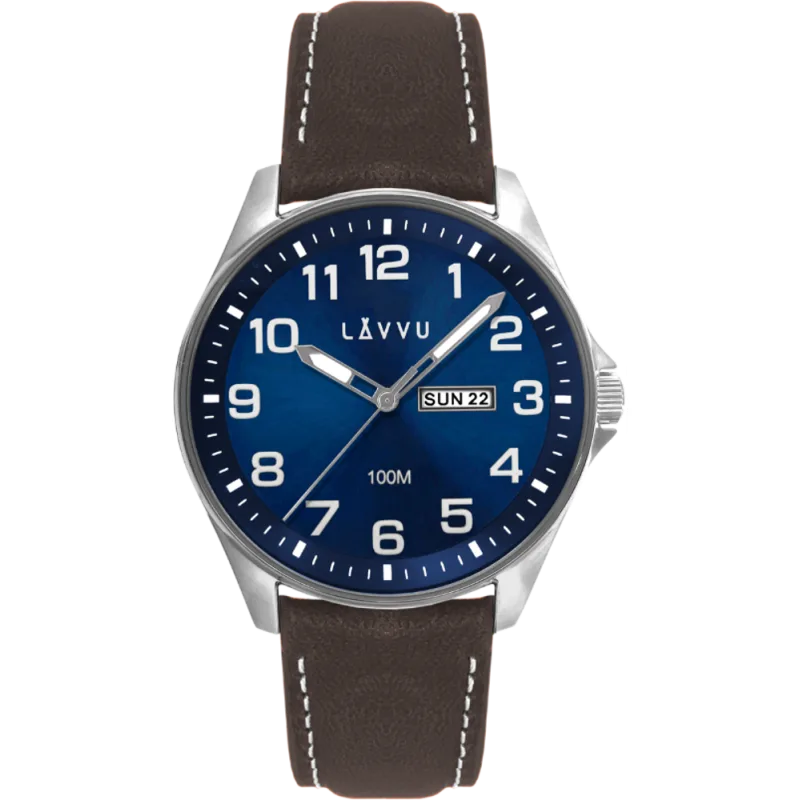 LAVVU Ocelové pánské hodinky BERGEN Blue/Top Grain Leather se svítícími čísly LWM0144