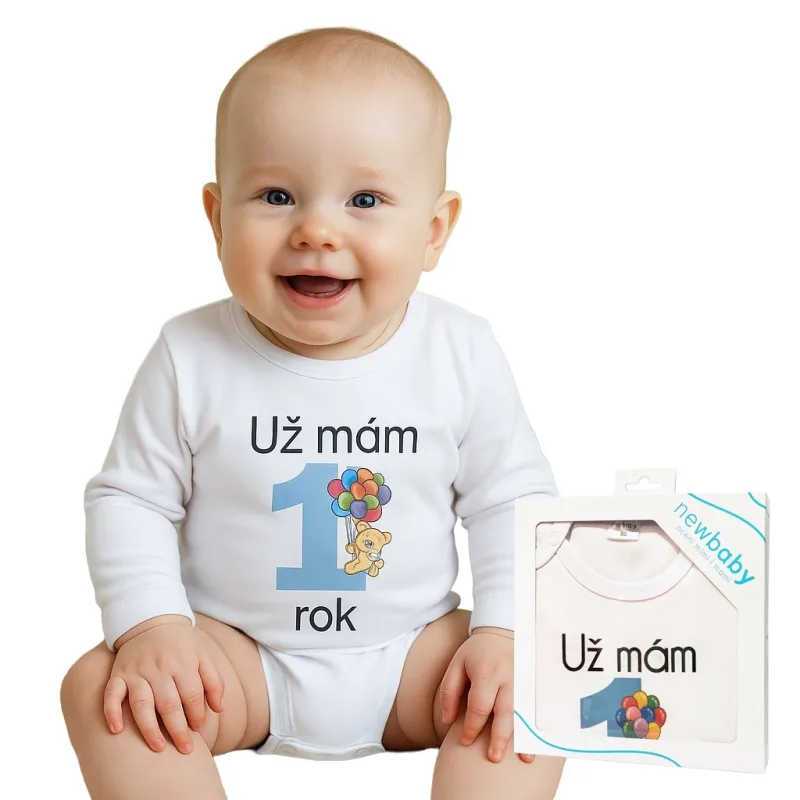 Body s potlačou New Baby Už mám 1 rok modré - darčekové balenie