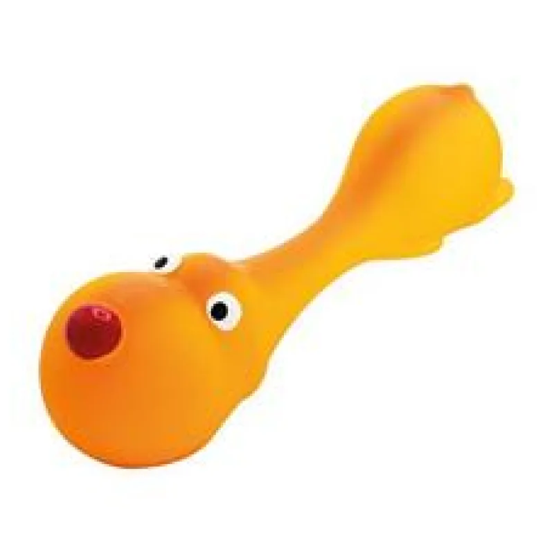 Psík ležící - tvar činky, se zvukem, latex, oranžová, HipHop 22 cm