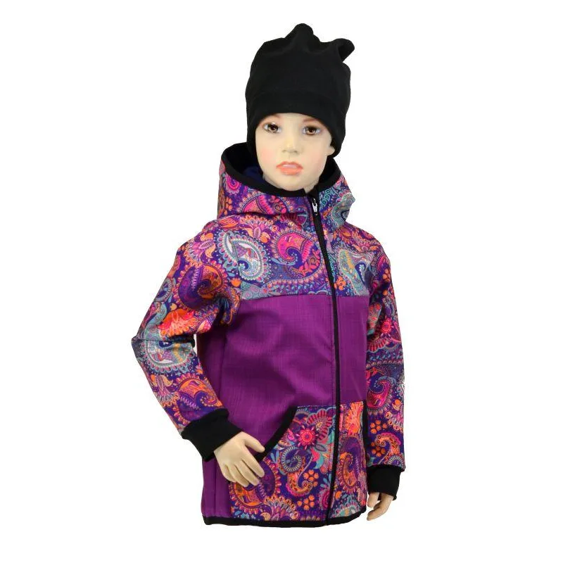 Detská bunda - bambusový softshell - ostružina/ornamenty, veľ. 80-116