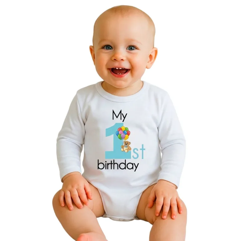 Detské body s potlačou New Baby My first birthday blue