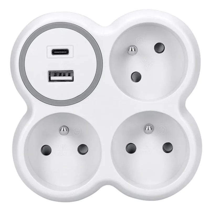 Solight Rozbočovač, 3x 15A, USB nabíjačka A+C, biely-sivý, vypínač…