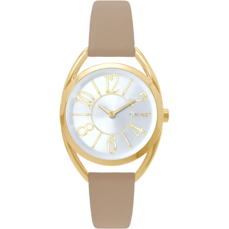 MINET Stříbrno-zlaté dámské hodinky s čísly ICON GOLD s béžovým koženým řemínkem MWL5248