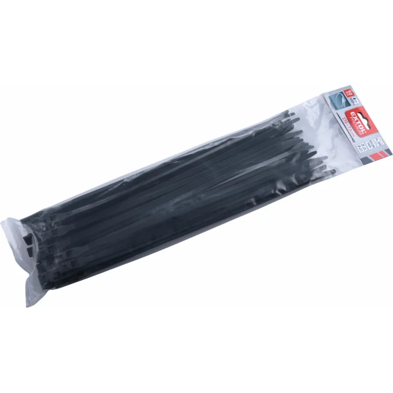 Pásky sťahovacie čierne, nízkoprofilový zámok, 7,6x370mm, 50ks, nylon PA66, EXTOL PREMIUM