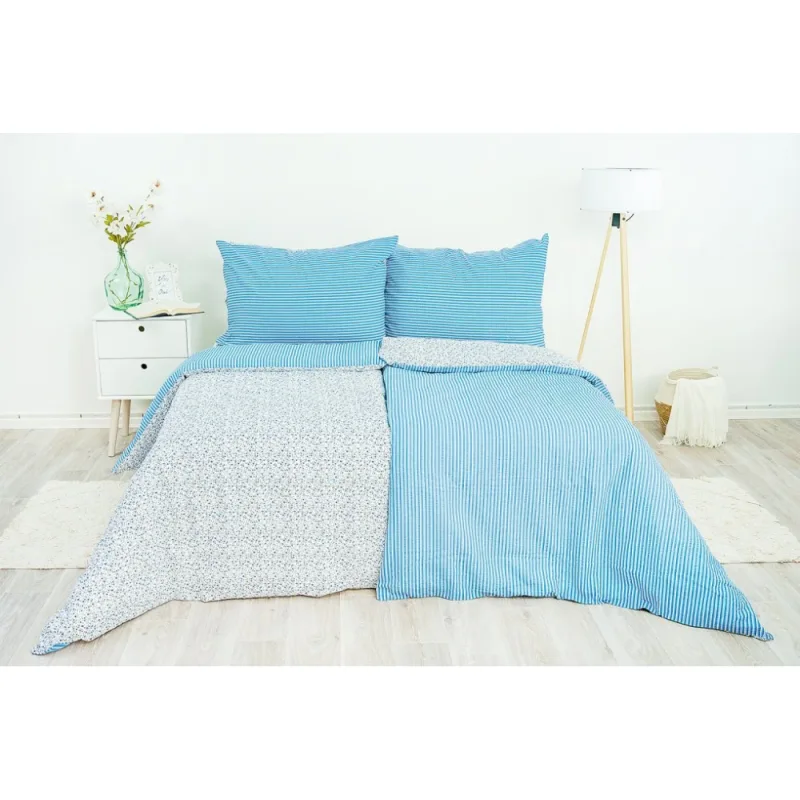 Obliečky 100% bavlna Kvietok pruh modrý 140x200/70x90 cm