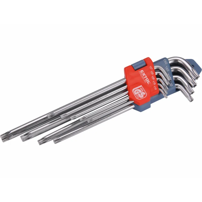 Kľúče Torx s dierkou predĺžené, 9-dielna sada, T10-50, Cr-V, EXTOL PREMIUM