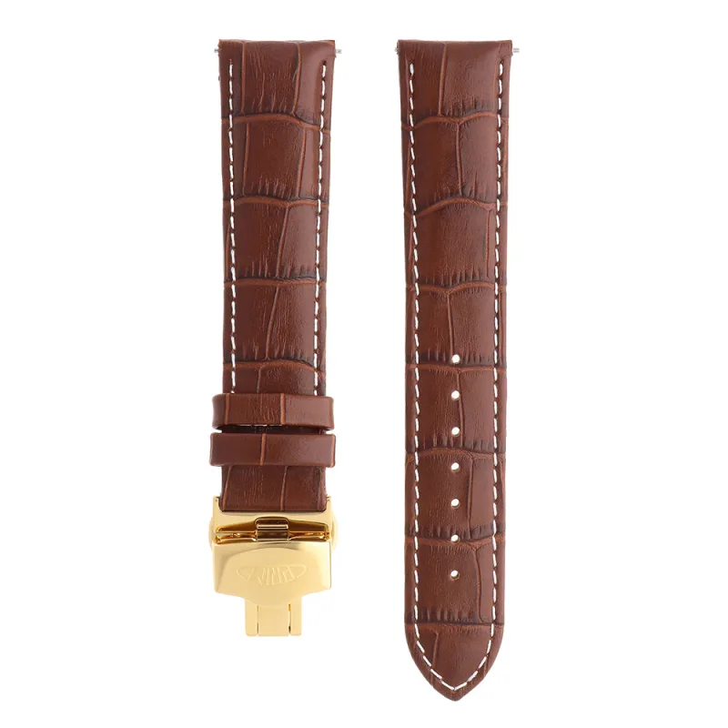 PRIM Kvalitní kožený řemínek PRIM s prošitím a vzorem aligátora RB.13234 (22 mm) - hnědý/pozlacený RB.13234.2220.5000.L