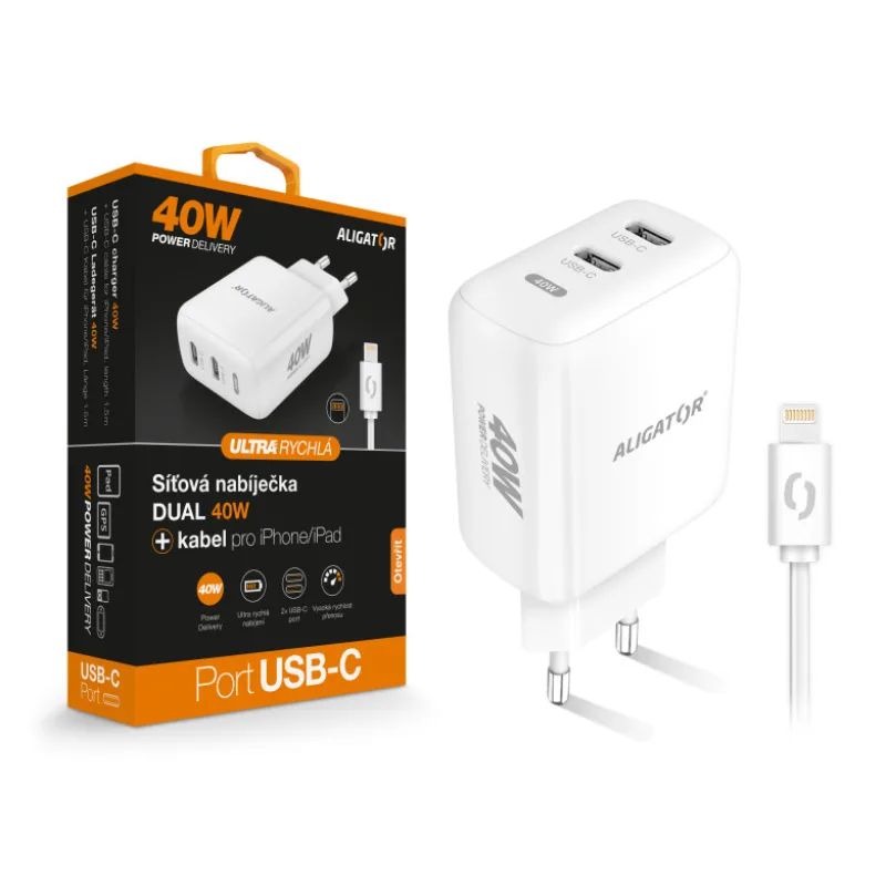 Múdra sieťová nabíjačka ALIGATOR Power Delivery 40W, 2xUSB-C, USB-C kábel…