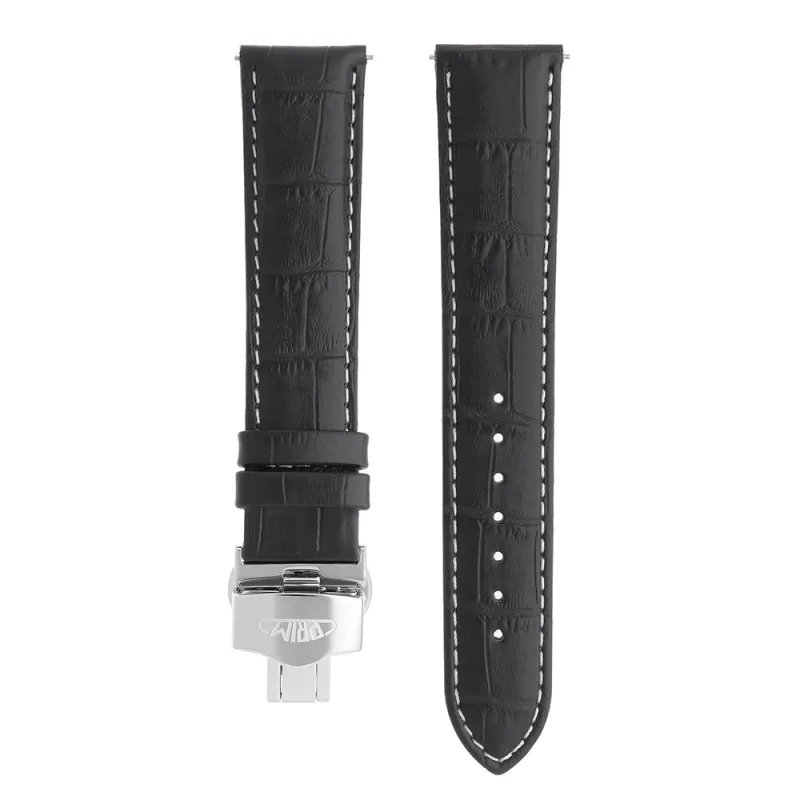 PRIM Kvalitní kožený řemínek PRIM s prošitím a vzorem aligátora RB.13234 (22 mm) - černý