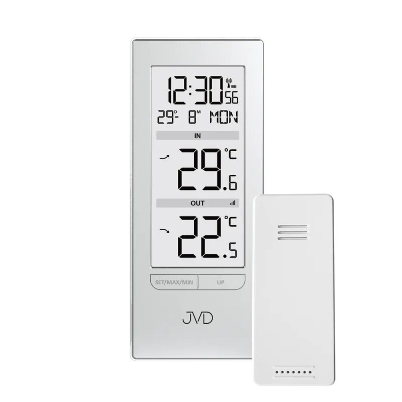JVD Hranatý stříbrný digitální čitelný bezdrátový teploměr JVD T3348.2