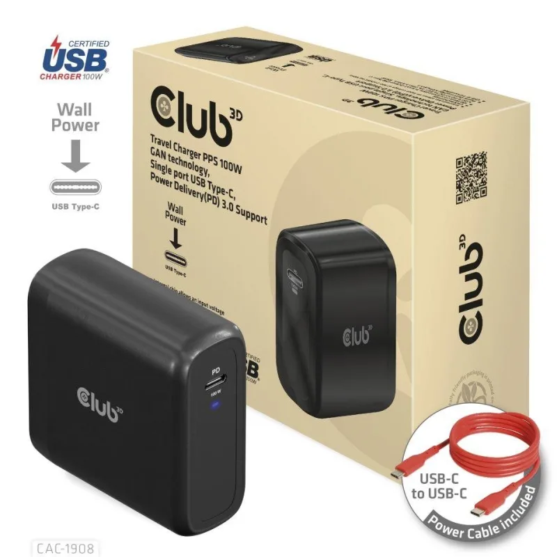 Club3D cestovní nabíječka 100W GAN technologie, USB-IF TID certified, …