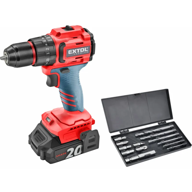 Vŕtačka s príklepom aku kompaktná Share20V, 2x 2Ah, 50Nm, bezuhlíkový motor, EXTOL PREMIUM