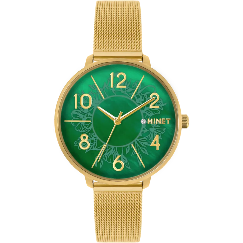 MINET Zlaté dámské hodinky PRAGUE Pure Gold MESH MWL5200 zelený číselník