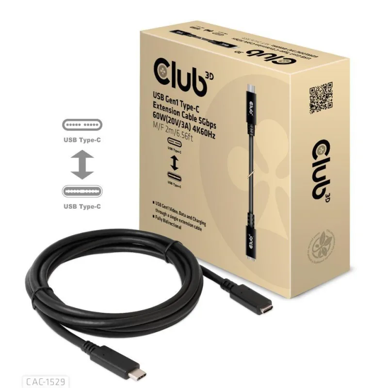 Club3D Prodlužovací kabel USB-C, 5Gbps 60W(20V/ 3A), 4K 60Hz (M/ F), …