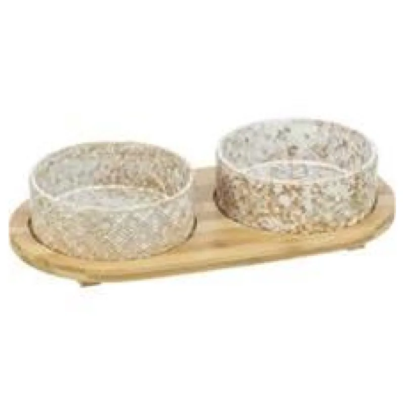 Set misek v bambusovém stojanu, bílá/světlehnědá 2 × 0,3 l/ ø 12 cm/ 30 x 6 x 15 cm