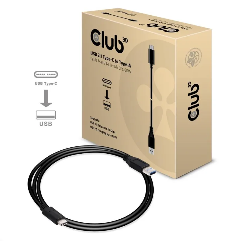 Kábel USB Club3D 3.1 Type-C na USB 3.1 Typ A, 10Gbps Power Delivery 60W …