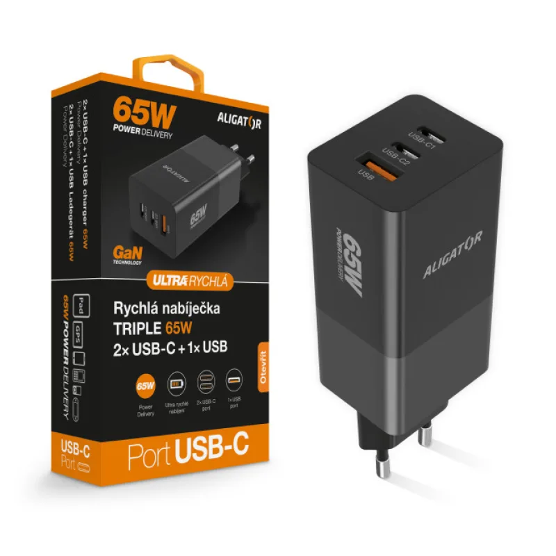 Aligator nabíjačka PD65W, 2USB-C, 1xUSB-A, čierna CHPD0027