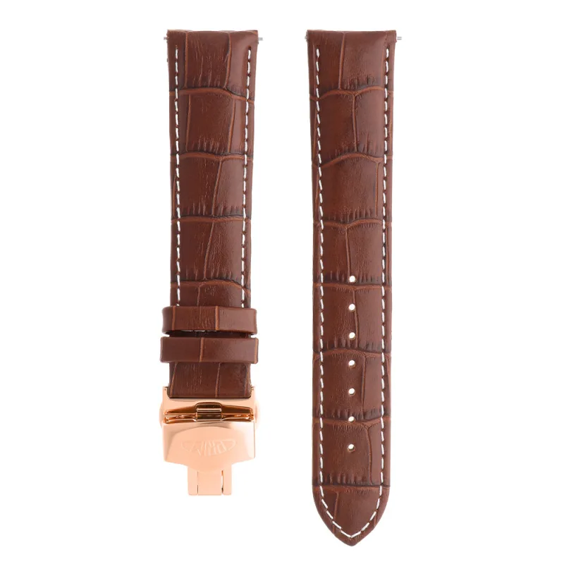 PRIM Kvalitní kožený řemínek PRIM s prošitím a vzorem aligátora RB.13234 (22 mm) - hnědý/růžově pozlacený