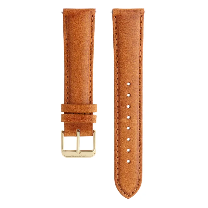 PRIM Kvalitní prošívaný pánský kožený řemínek PRIM s rychloupínací funkcí easy-click RB.13230 (20 mm) - světle hnědý/pozlacený RB.13230.2018.5151.L1