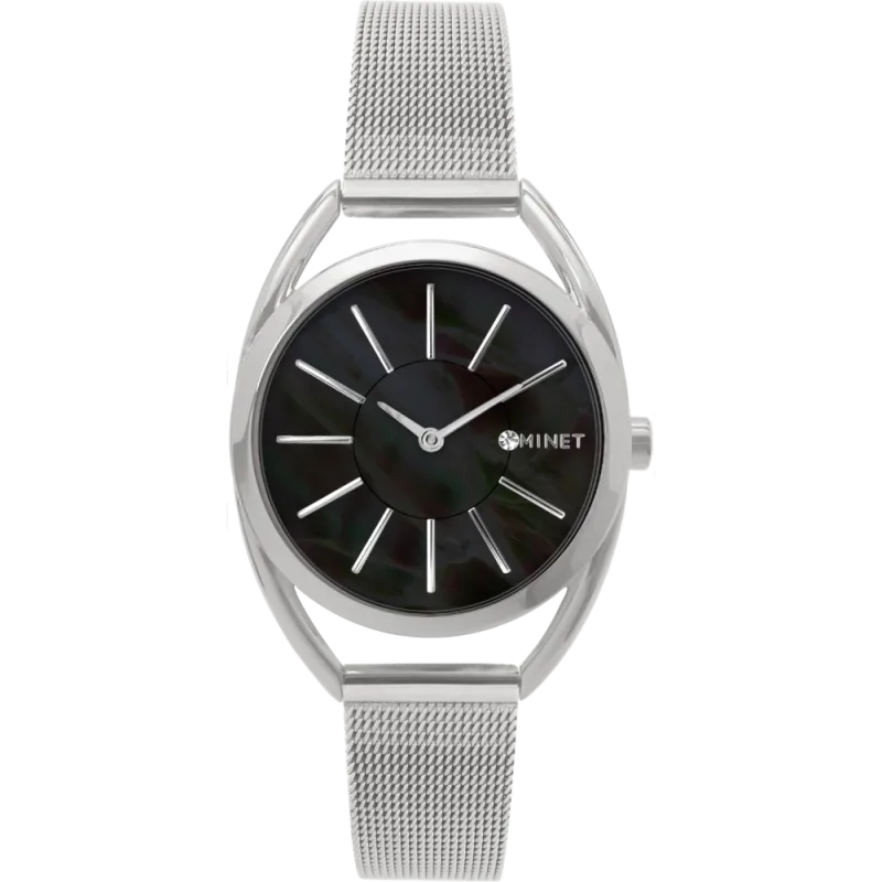 MINET Náramkové stříbrno-černé dámské hodinky ICON BLACK PEARL MESH MWL5212