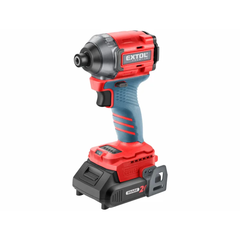 Uťahovač rázový aku Share20V, 1x 2Ah, 1/4" šesťhran na bity, 230Nm, bezuhlíkový motor, EXTOL PREMIUM