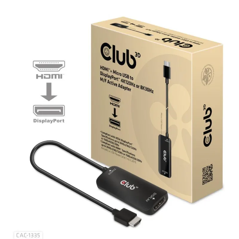 Club3D Adaptér HDMI + Micro USB na DisplayPort 4K120Hz/8K30Hz, Active…