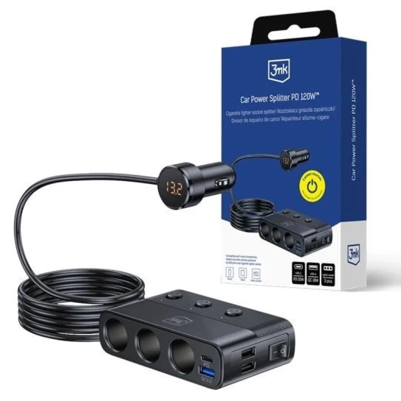 3mk Car Power Splitter 120W PD QC PPS USB 3A1C3 Socket Black 5903108605533