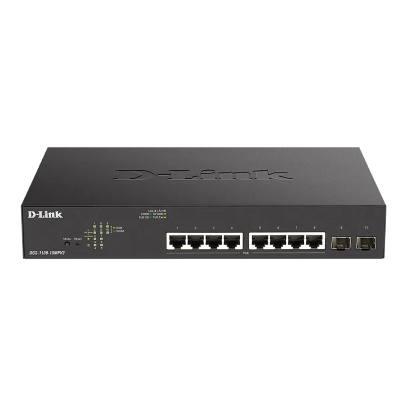 D-Link DGS-1100-10MPV2, 8x 1000Base-T 802.3af/ 802.3at PoE, 2x SFP, 130W…
