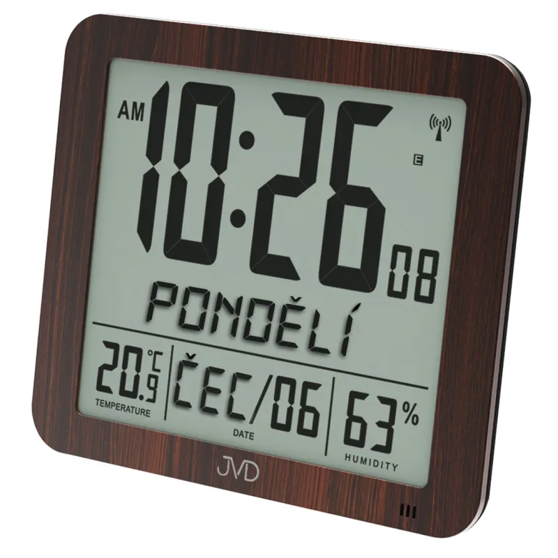 Velké rádiem řízené digitální hodiny s budíkem JVD hnědé DH9335.2