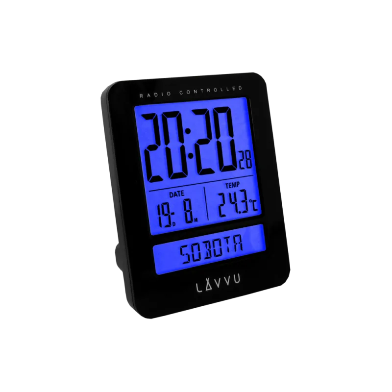LAVVU Digitální budík řízený rádiovým signálem Duo Black s češtinou LAR0021