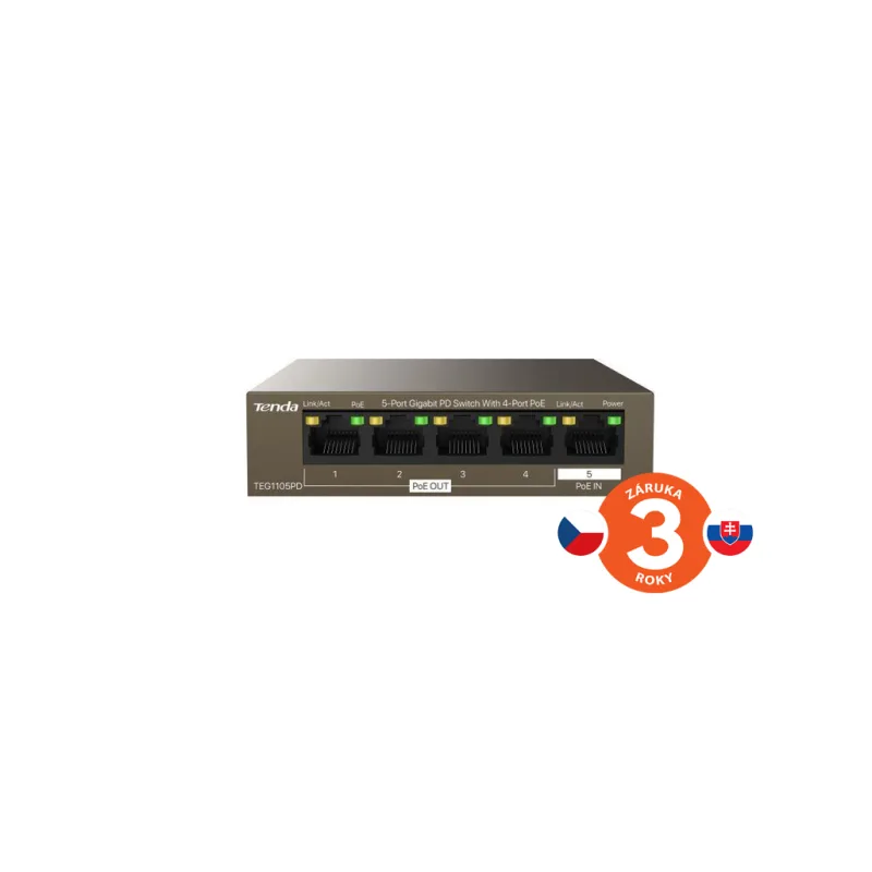 Tenda TEG1105PD PoE PD Gigabit switch, 1x PoE IN, 4x PoE OUT 802.3af, 5x…