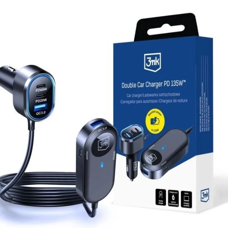 3mk Double Car Charger 135W PD QC PPS USB 2A4C Black/ Gray 5903108605502