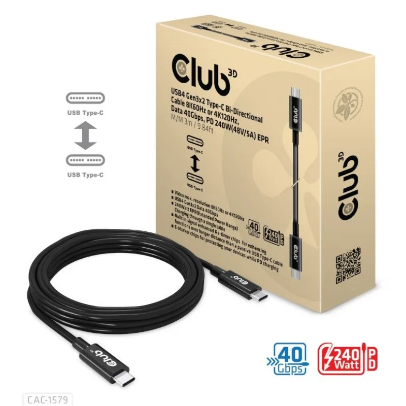 Club3D Kabel USB4 Gen3x2 Typ C 8K60Hz UHD, 40Gbps, Power Delivery 240W,…