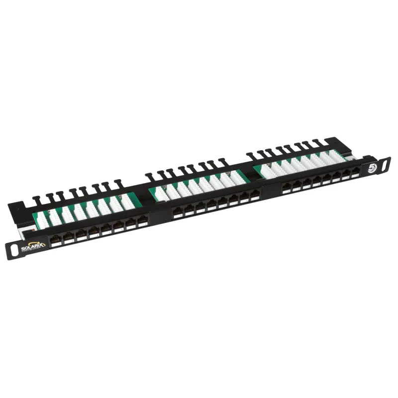 19" patch panel Solarix 24xRJ45 CAT5E UTP s vyväzovacou lištou čierny 0,…