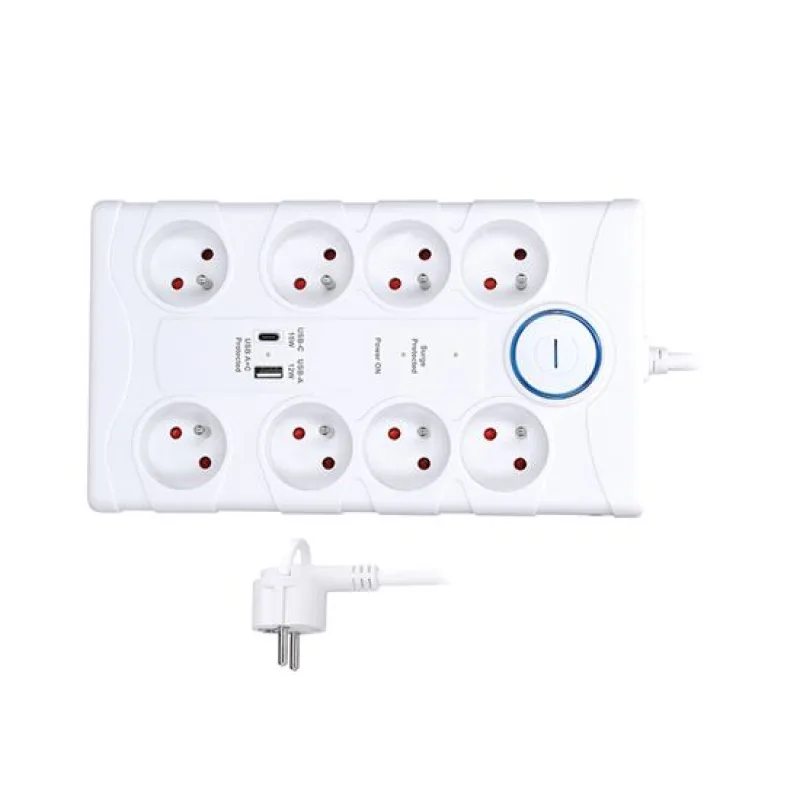 Solight prepäťová ochrana, 8z, USB A+C, 2m, biela PO80