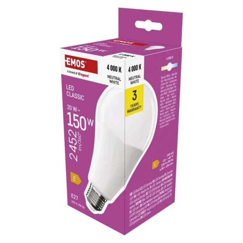 EMOS LED žiarovka Classic A80 / E27 / 20 W (150 W) / 2452 lm / Neutrálna…